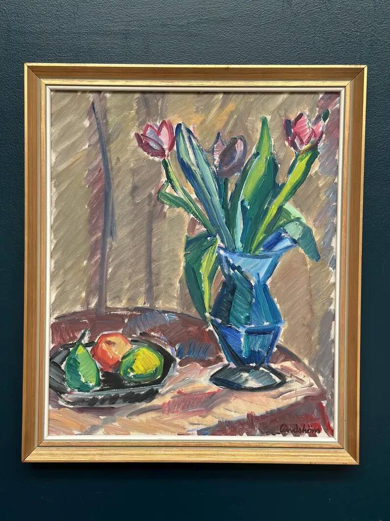 Original Swedish Oil on Canvas - 'Tulips' by Knut Lindström - Signed - Dated 1966 - Framed