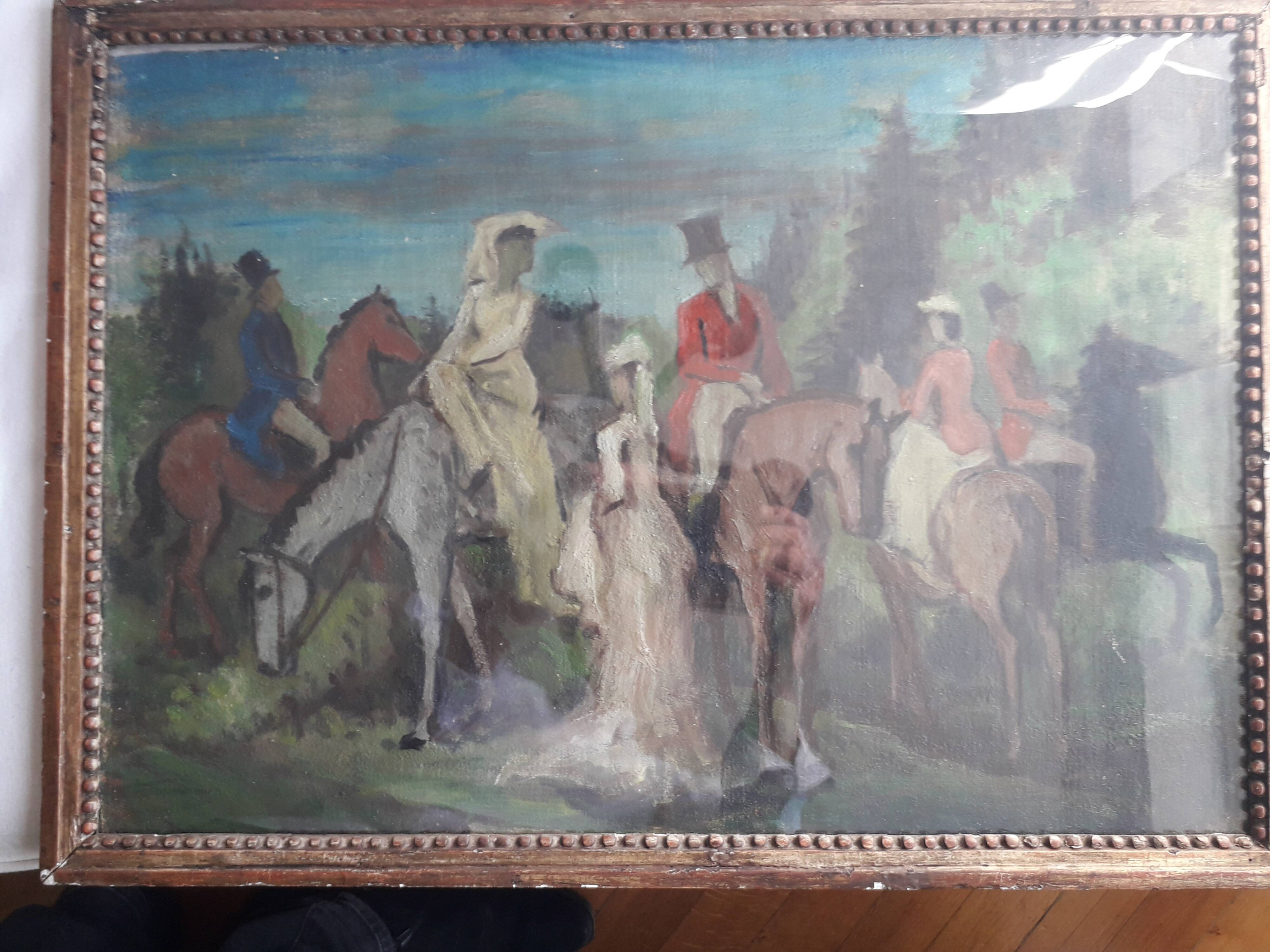 Old oil painting representing an equestrian scene