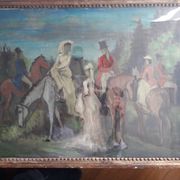 Old oil painting representing an equestrian scene