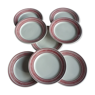 8 plates dessert faience burgundy grid