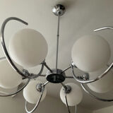 Art Deco chandelier with 6 lights in opaline glass and chrome metal.