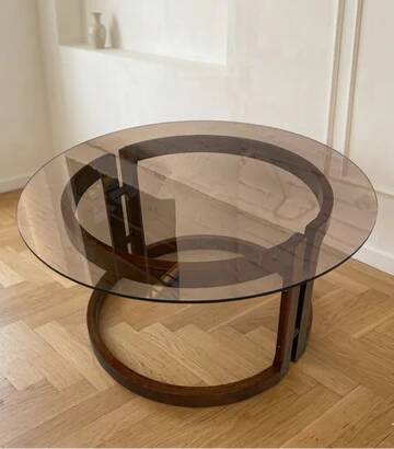 1970s Vintage Round Coffee Table with Smoked Glass Top