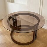 1970s Vintage Round Coffee Table with Smoked Glass Top