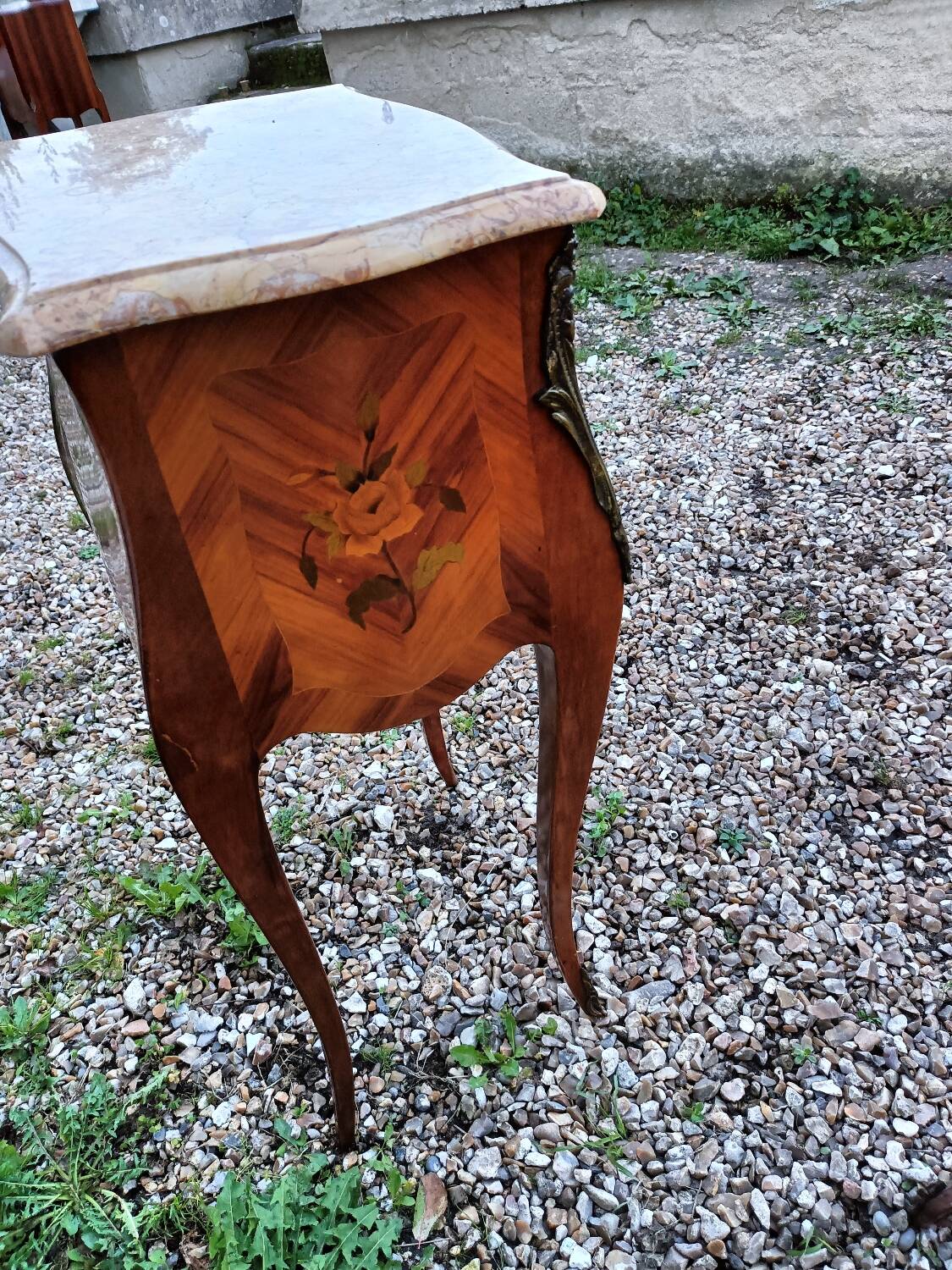 Louis xv style marble top marquetry bedside tables