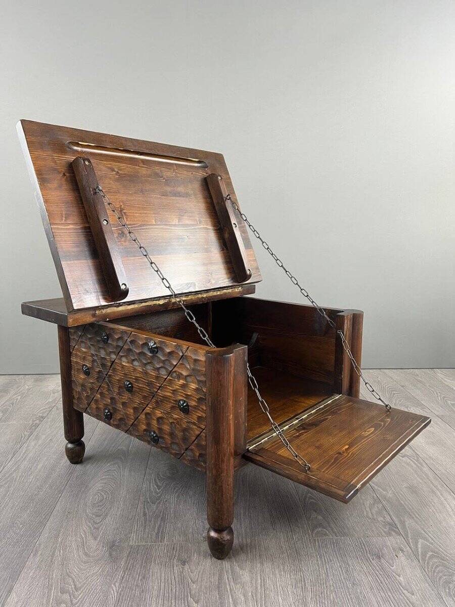Rustic Carved Wooden Bar with Stools and Wine Chest, 20th Century