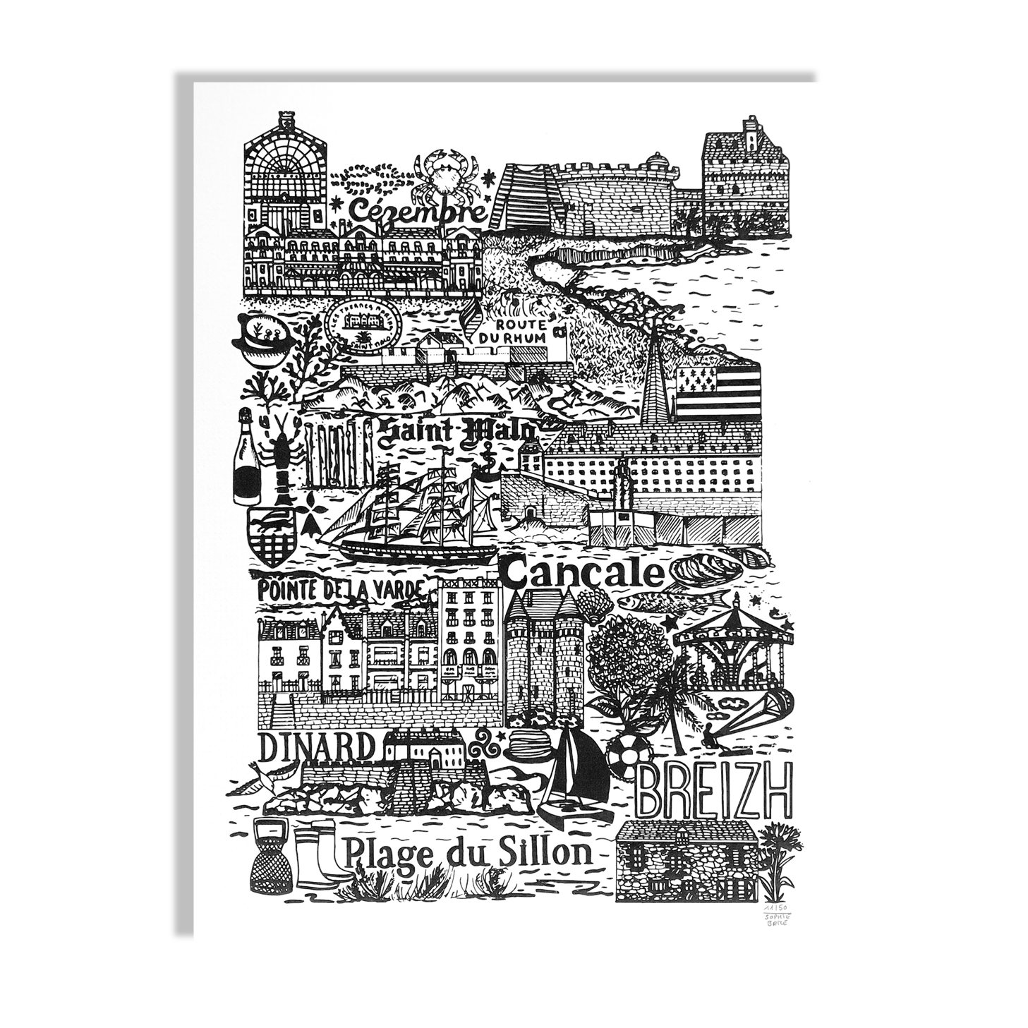 Saint-Malo Cancale black and white screenprint