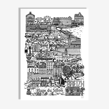 Saint-Malo Cancale black and white screenprint