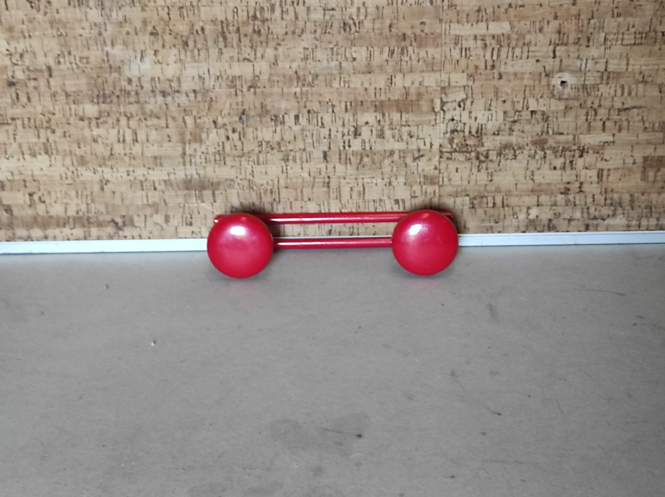 Old vintage wall coat rack 2 round metal hooks lacquered red new
