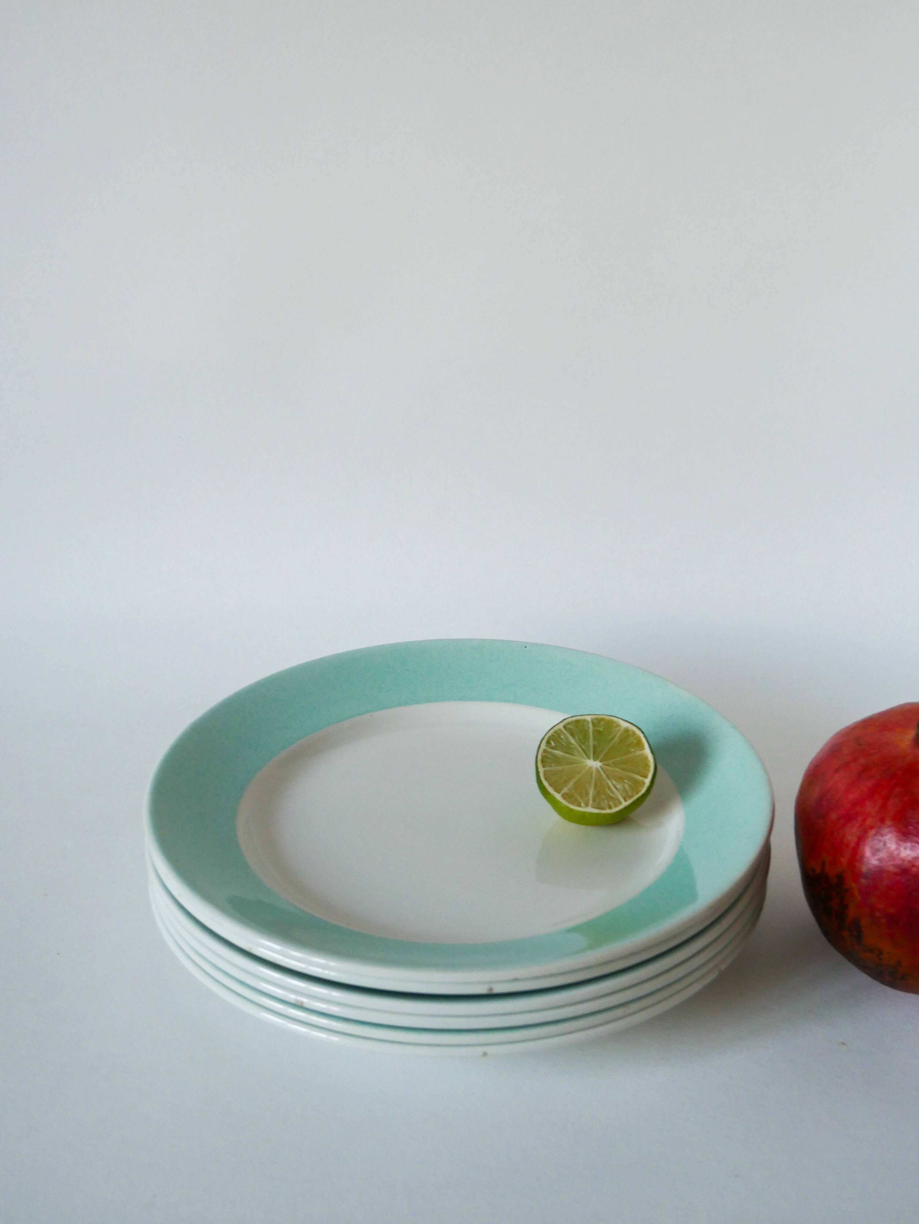 Set of 6 Badonviller flat plates with speckled mint colored edge 1950