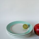 Set of 6 Badonviller flat plates with speckled mint colored edge 1950