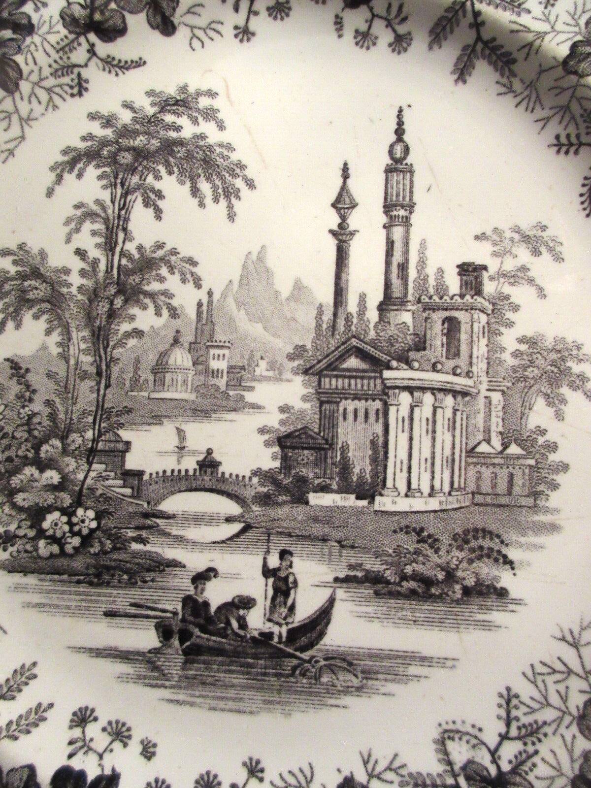 English dessert plate signed David Johnston & Cie: Black and white landscape