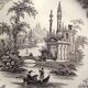 English dessert plate signed David Johnston & Cie: Black and white landscape
