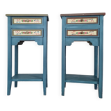 Blue wooden bedside tables with floral patterns