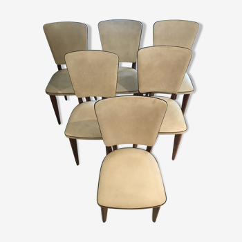 Suite de 6 chaises vintages Skaï beige 1970