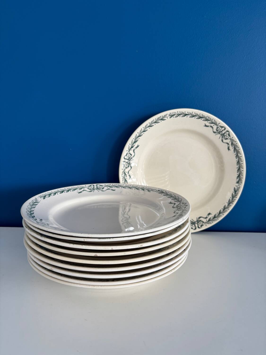 set of 10 old Longchamp flat plates, ironstone, Belleville