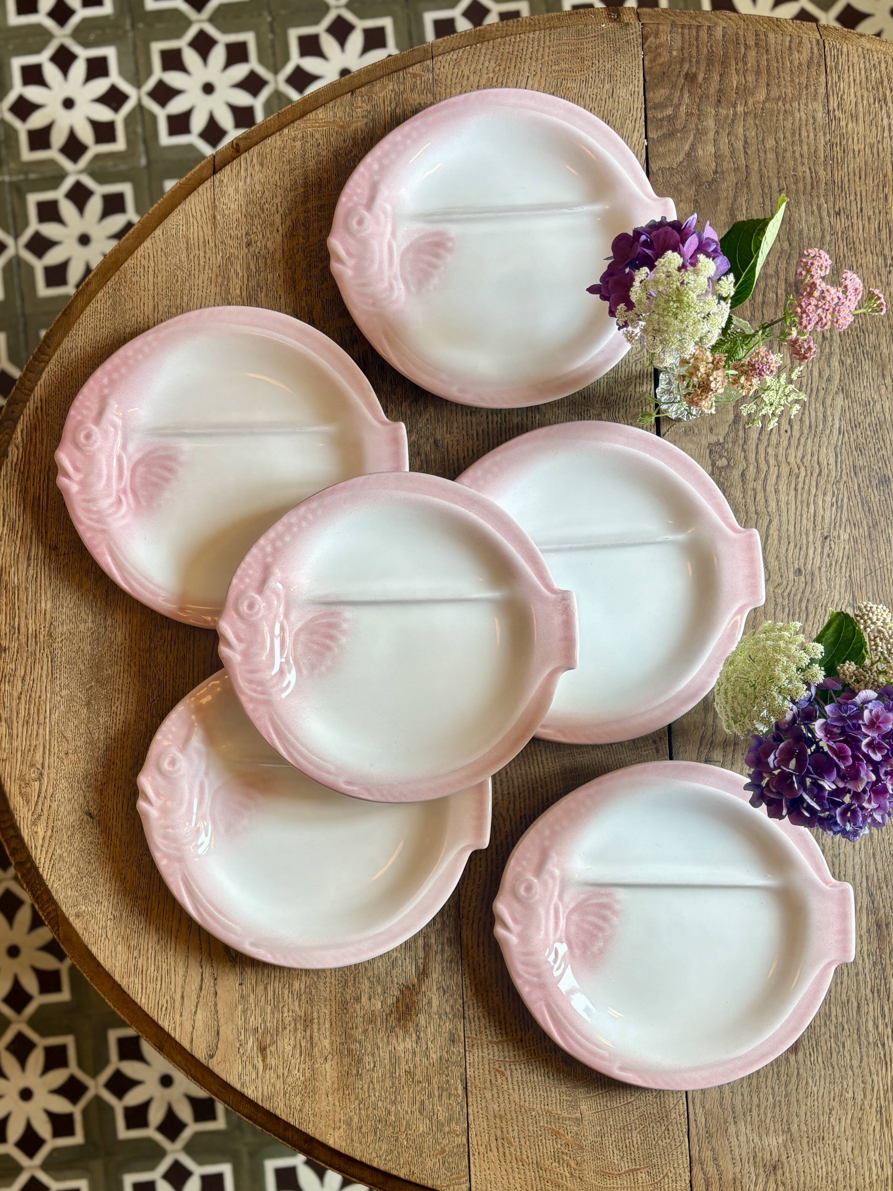 Set of 6 vintage plates in the shape of pink and gray fish - Nidervillier
