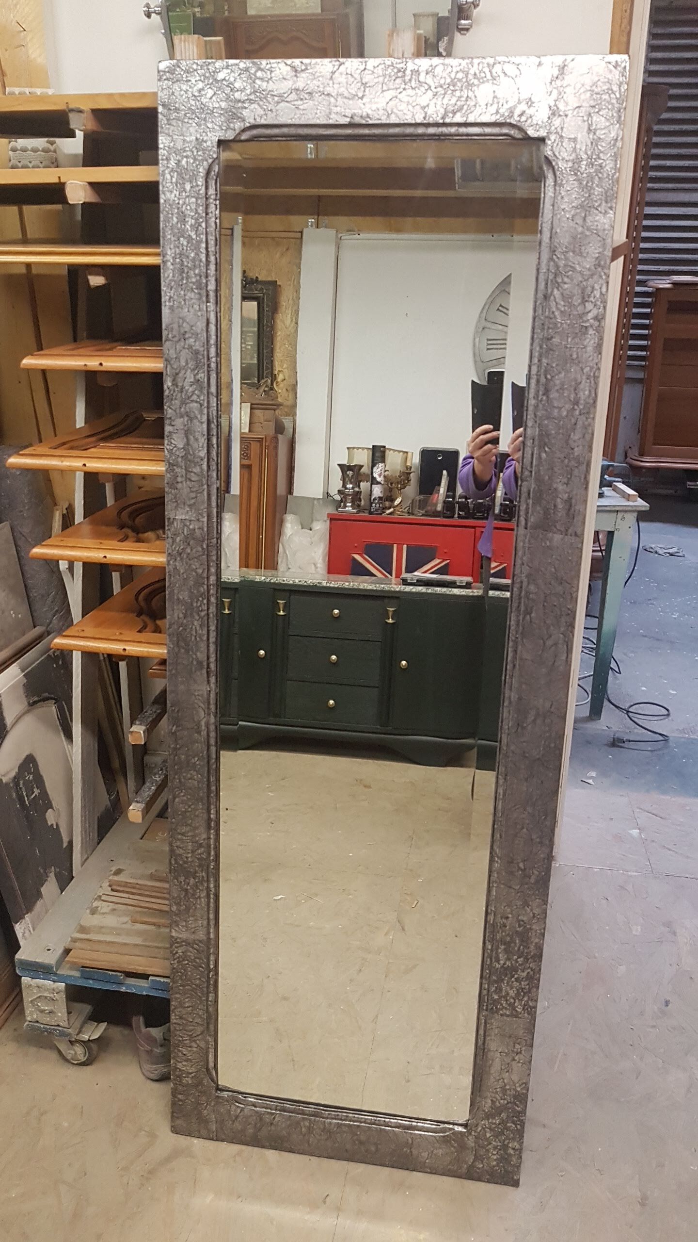 Antique mirror beveled restyled silver patinated black 58x159cm