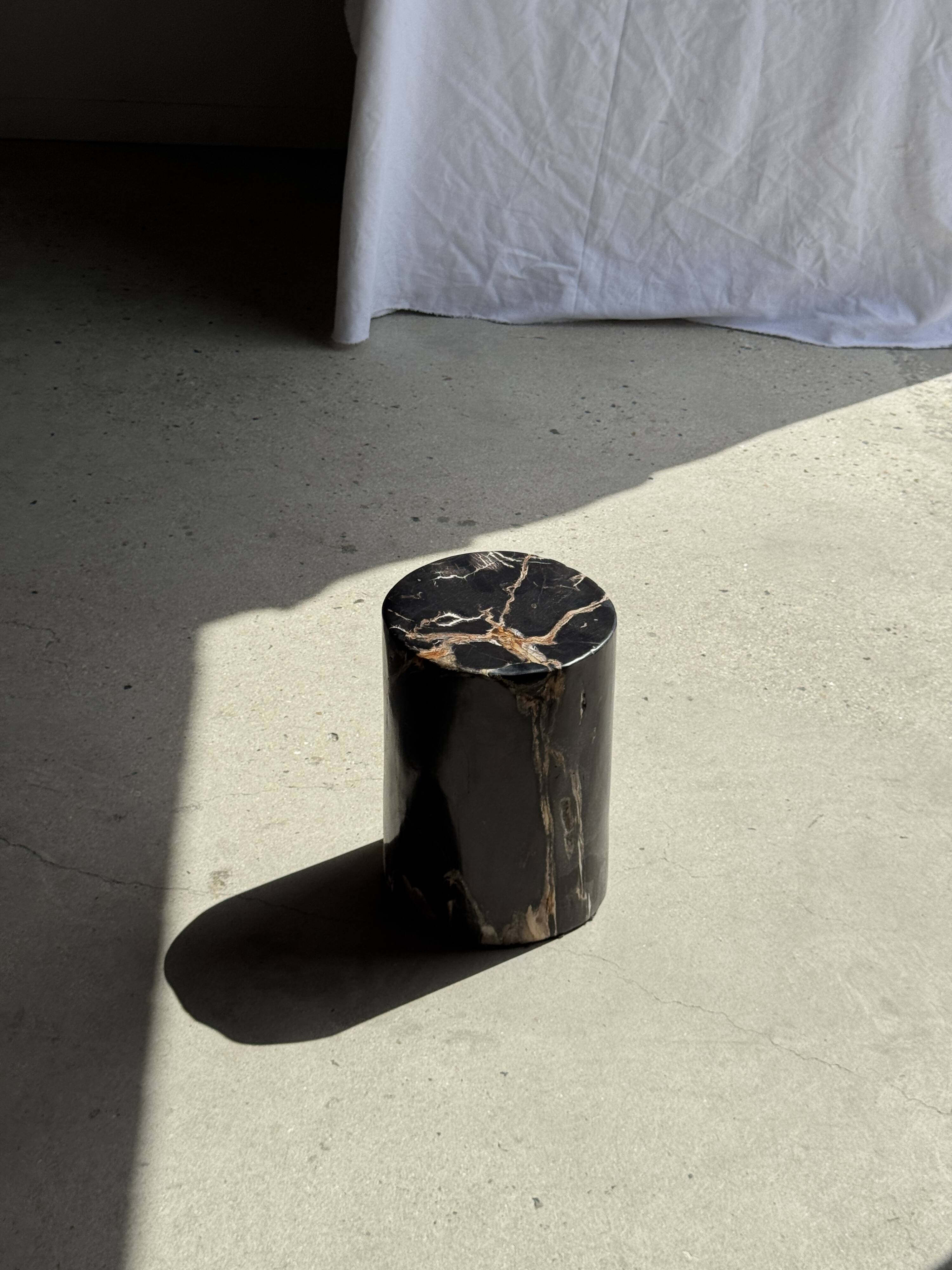 Black petrified wood side table with beige stripes, star pattern H35 D24.