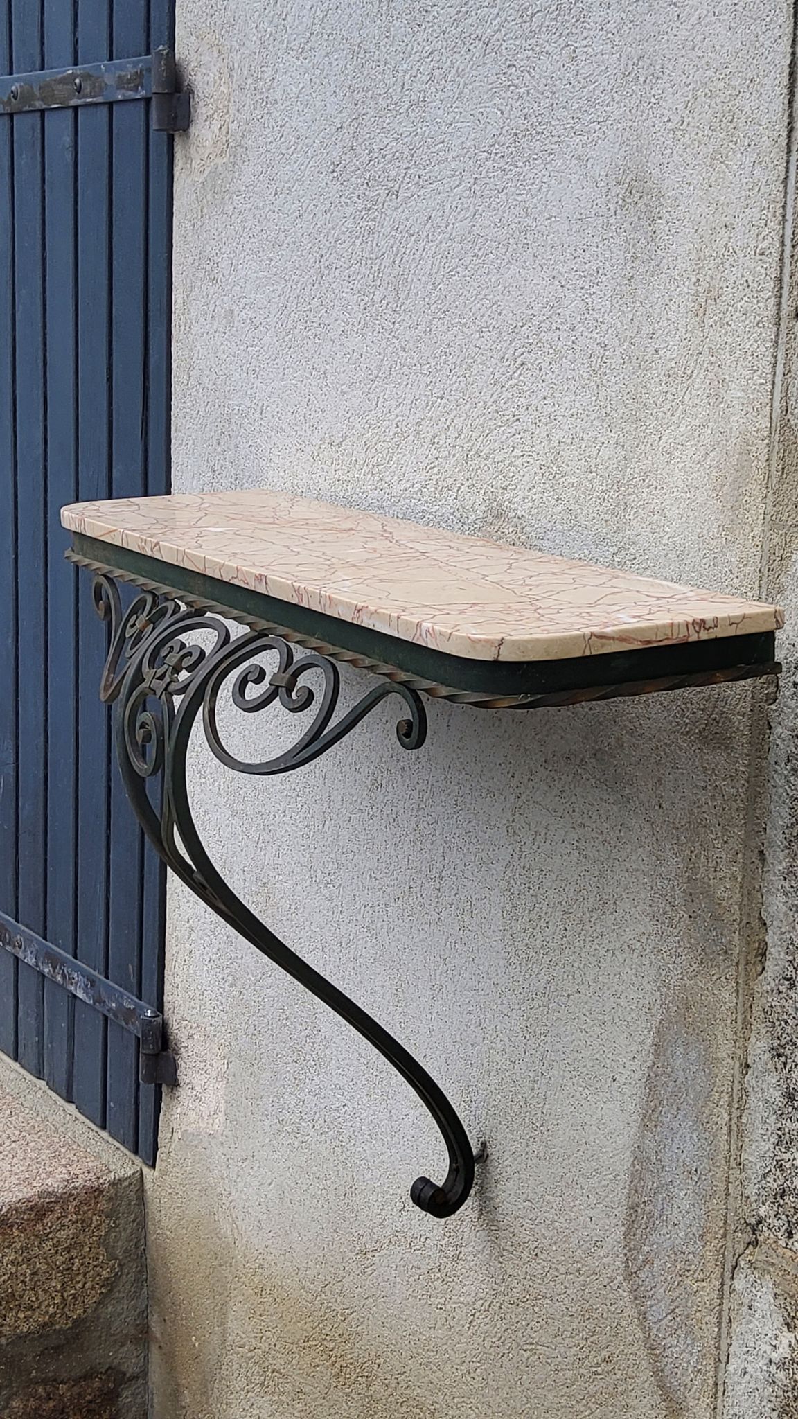 Console of wall lamp of the 50s in wrought iron and marble top