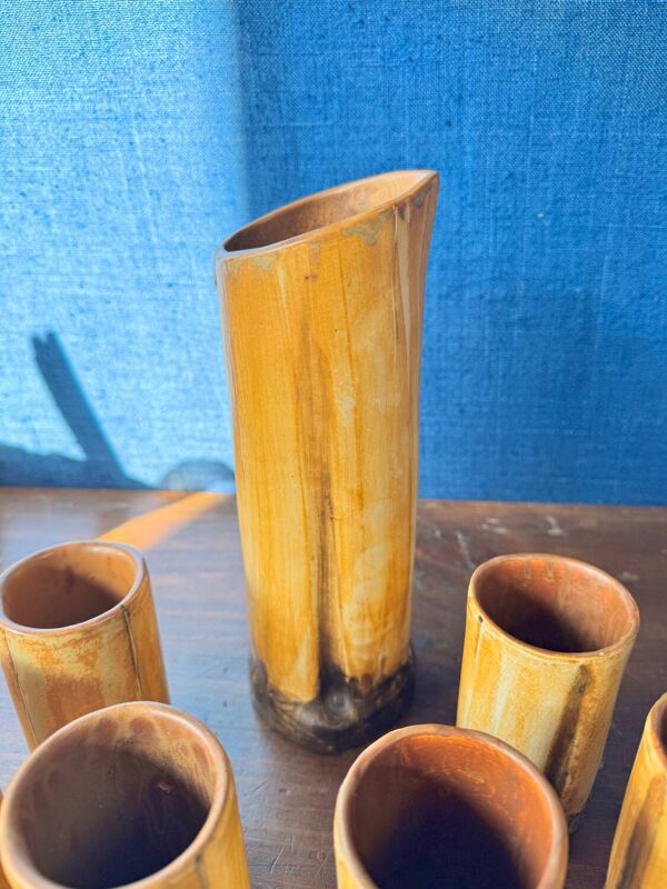 Service à orangeade pichet verre céramique vintage faux bambou 1970