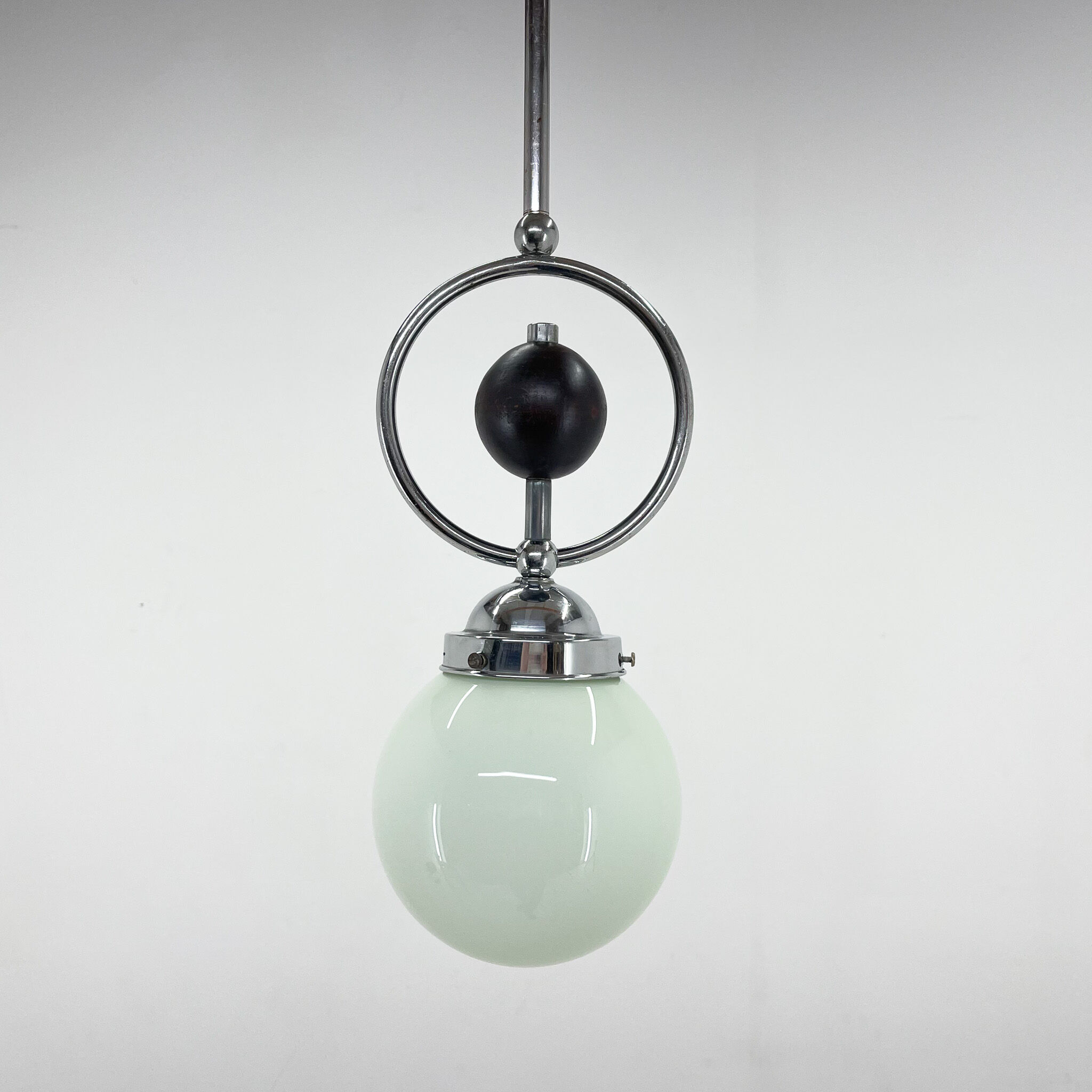 Art Deco Chrome Pendant Light with Wooden Decor
