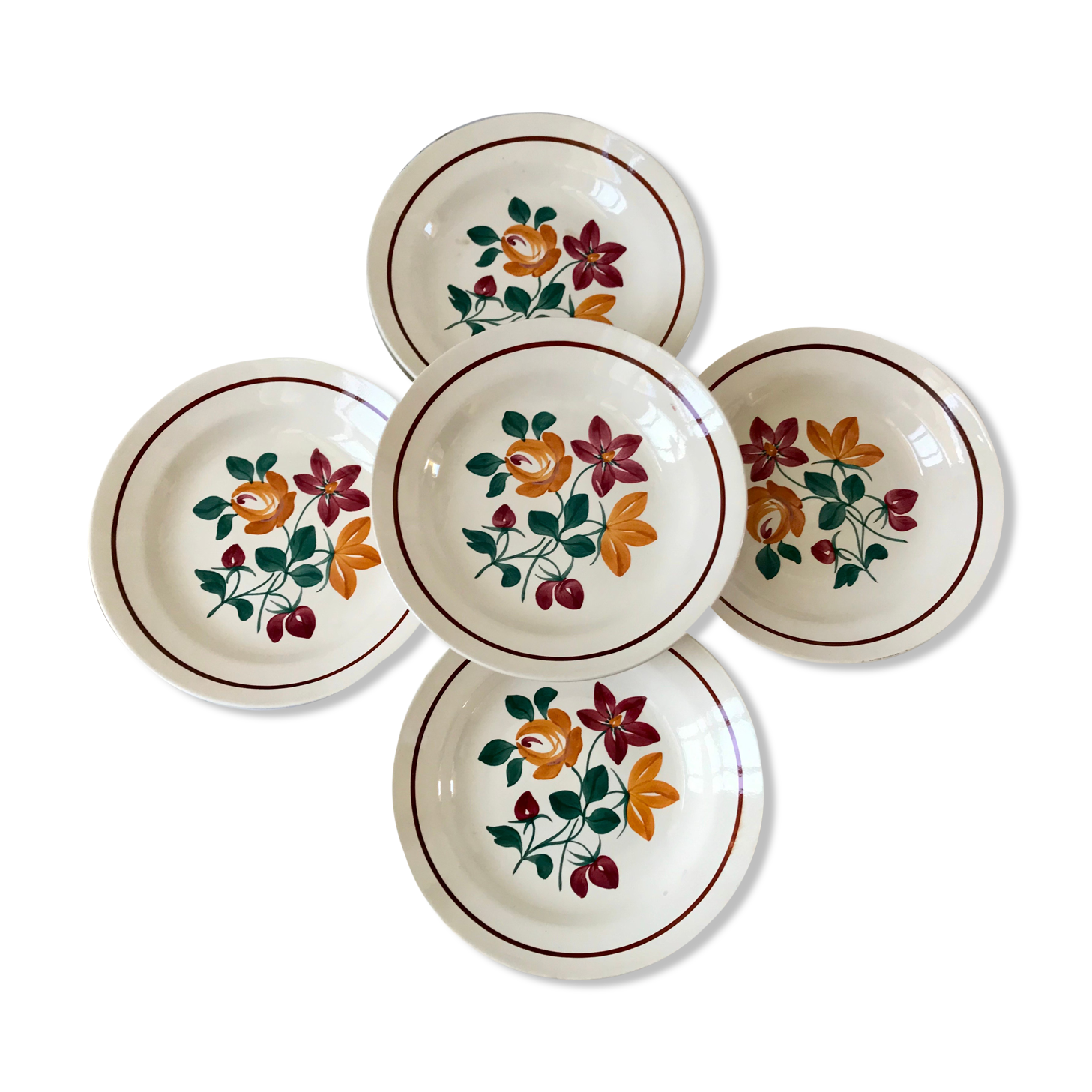 Set of 5 hollow plates Terre de Fer Longchamp early twentieth century