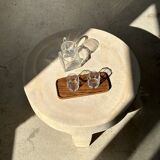 Trio of rounded rectangular trays or cups in monoxyl teak L:35