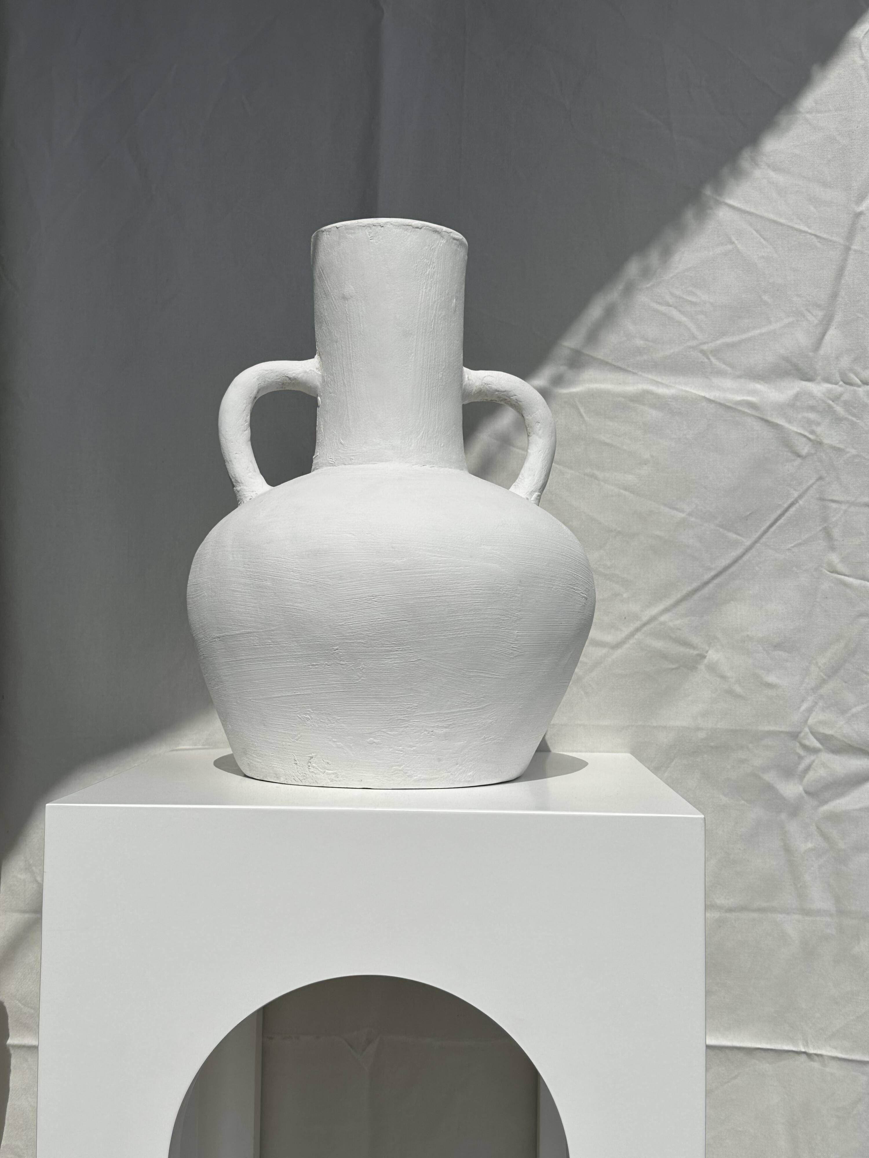 Large handcrafted terracotta vase painted white with double handles H40 D30