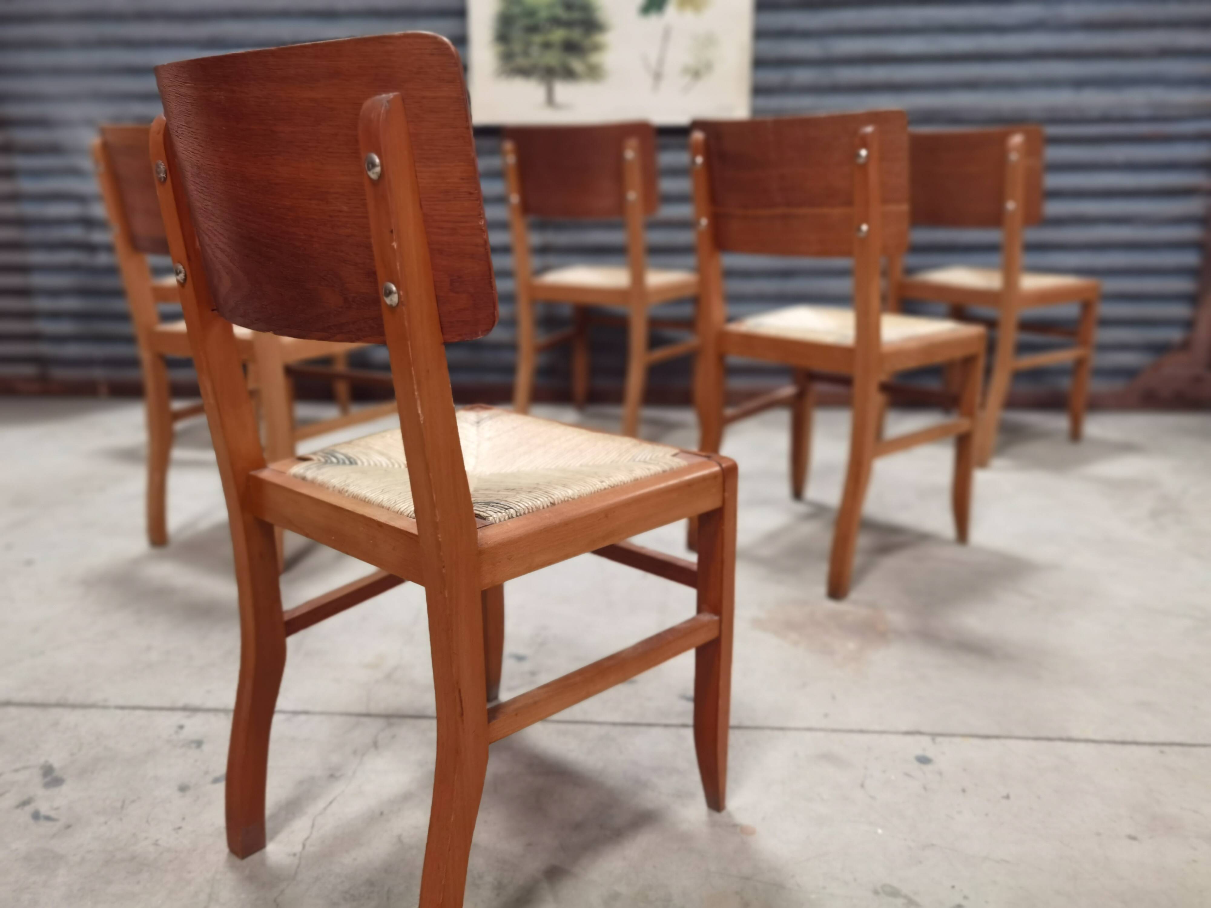 Set of 6 chairs straw wood reconstruction