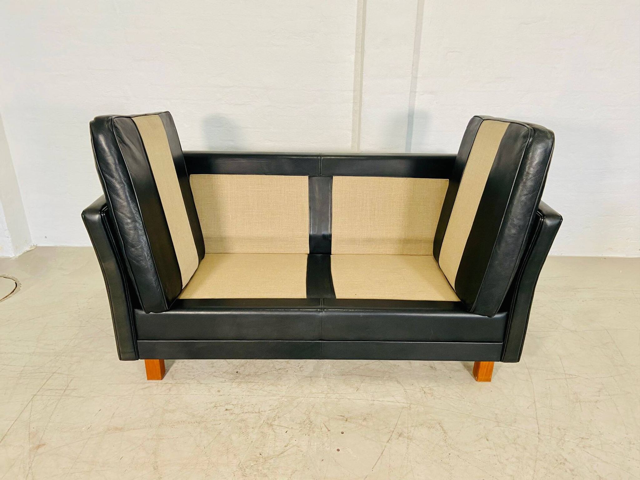 Vintage retro danish mogens hansen 2 person black leather sofa
