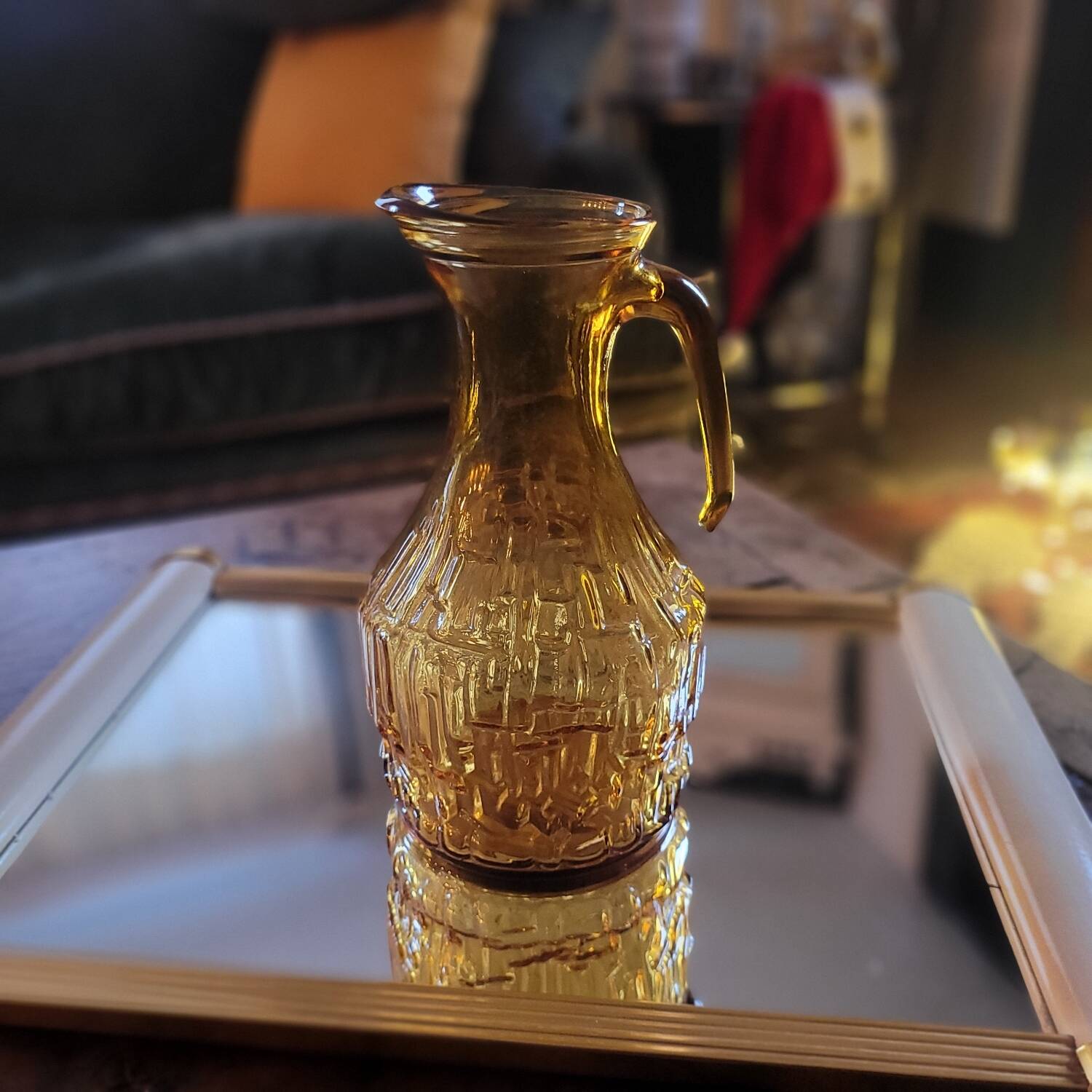 Amber relief glass pitcher. 1970s