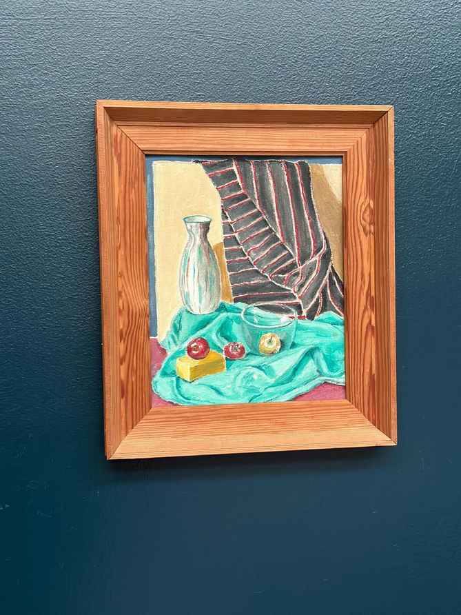 Huile sur panneau d'origine suédoise – « Nature morte avec fruits et vase » par Sune Lindahl – Vintage et encadrée – 30 × 35 cm (11,8" × 13,8")