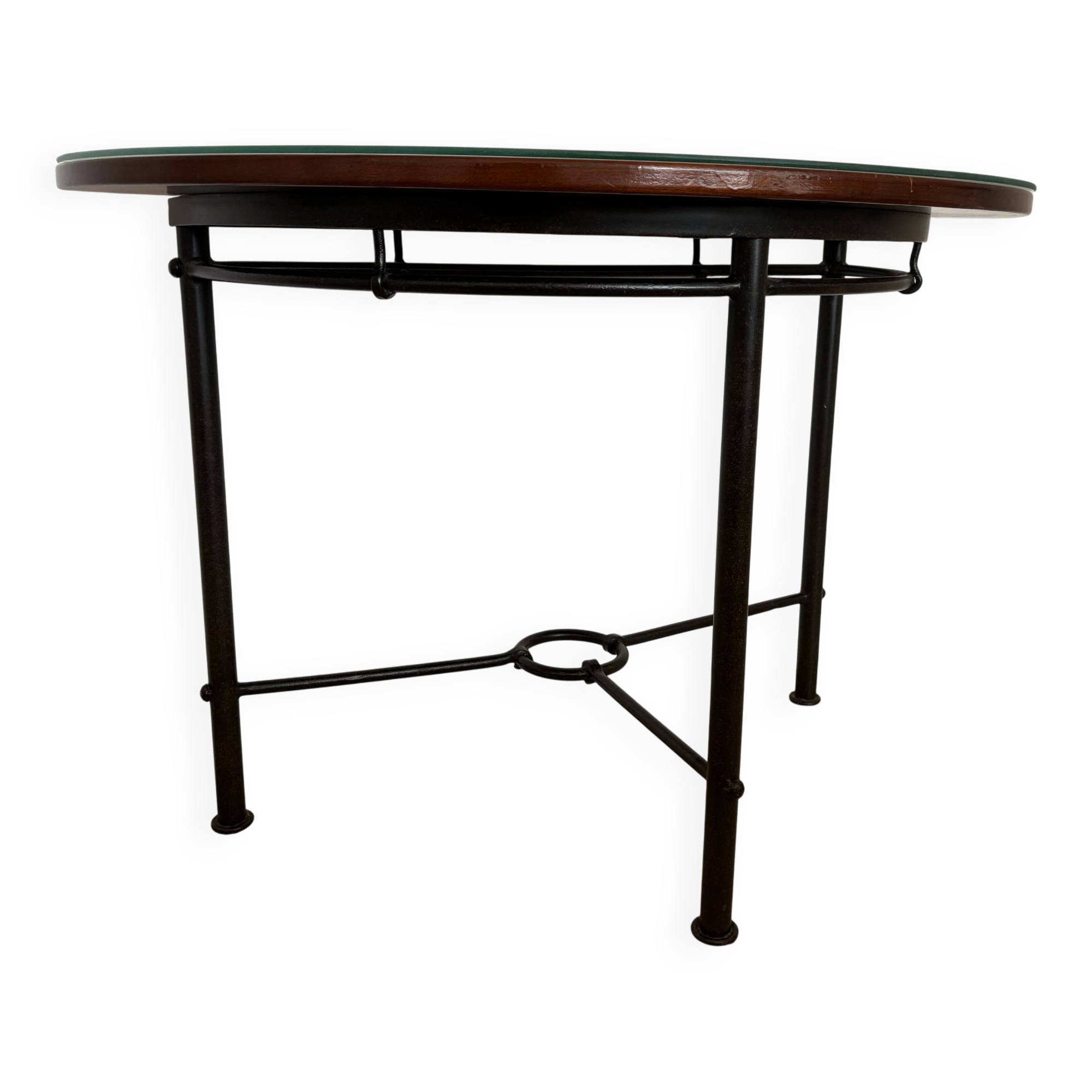 Half-moon console grange in solid cherry wood and wrought iron with a glass top.