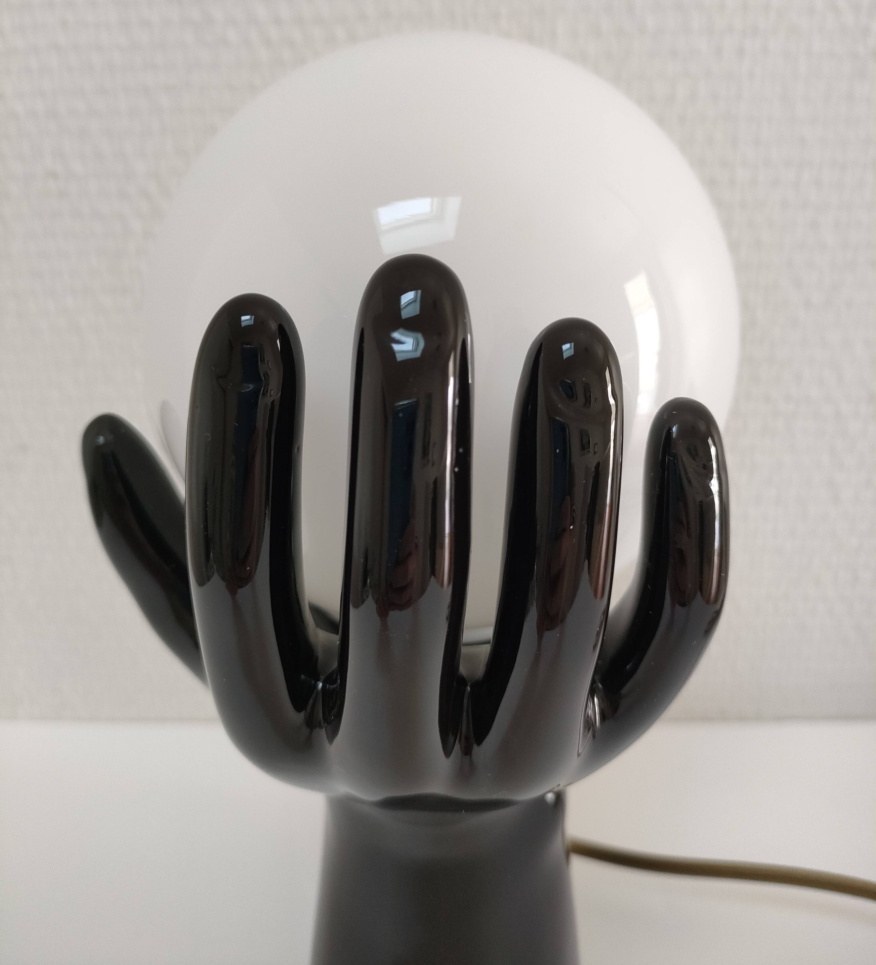 Black ceramic and opaline design hand lamp 90s