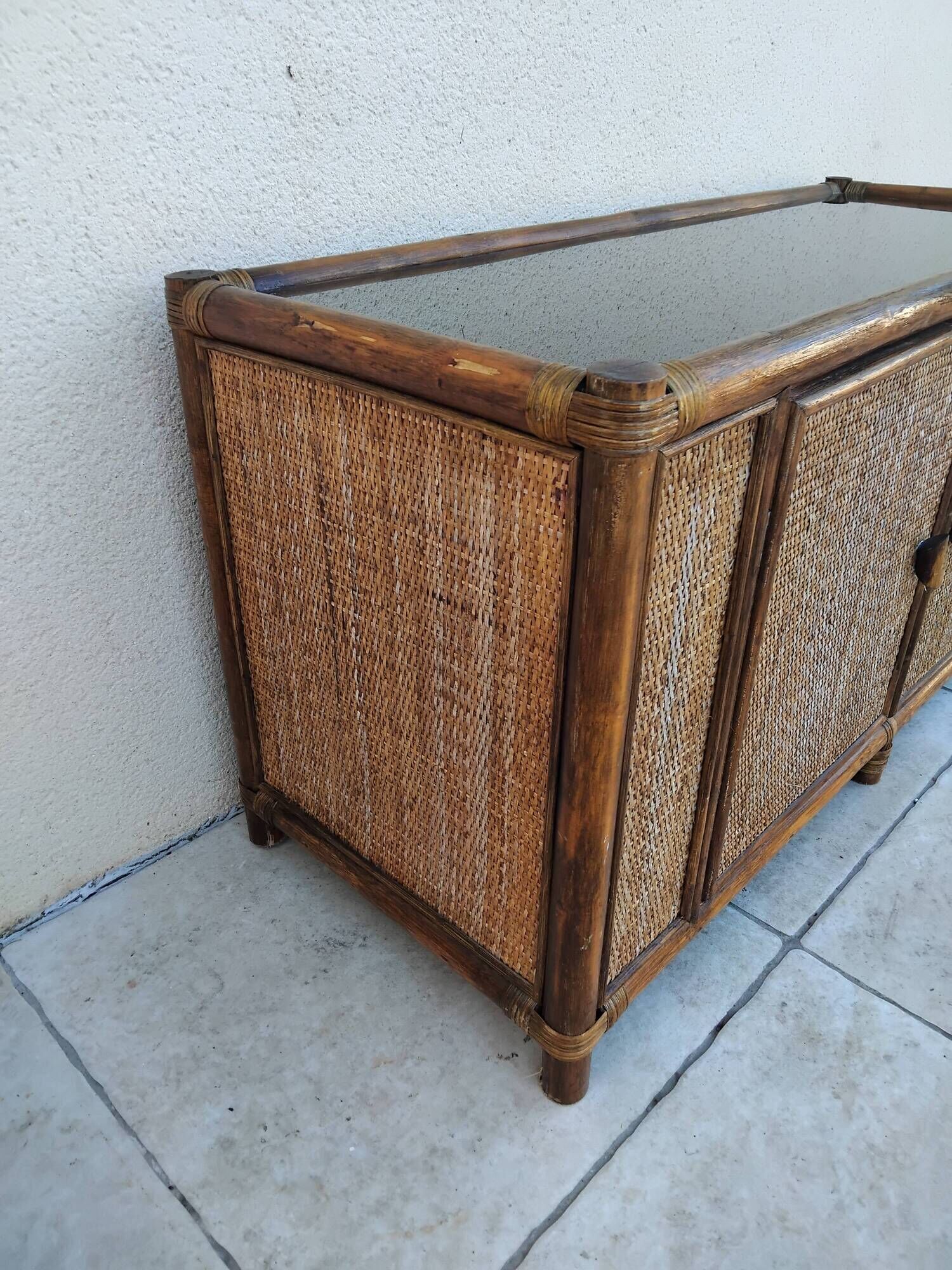 Vintage sideboard TV unit in rattan, bamboo and glass.