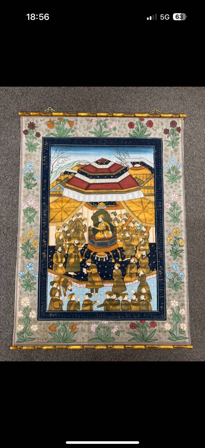 Large Persian painting on silk - large decorative hanging - scene of