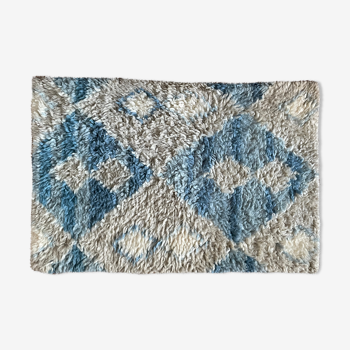 Tapis de laine noué à la main, couleur bleu\blanc, 90x60 cm