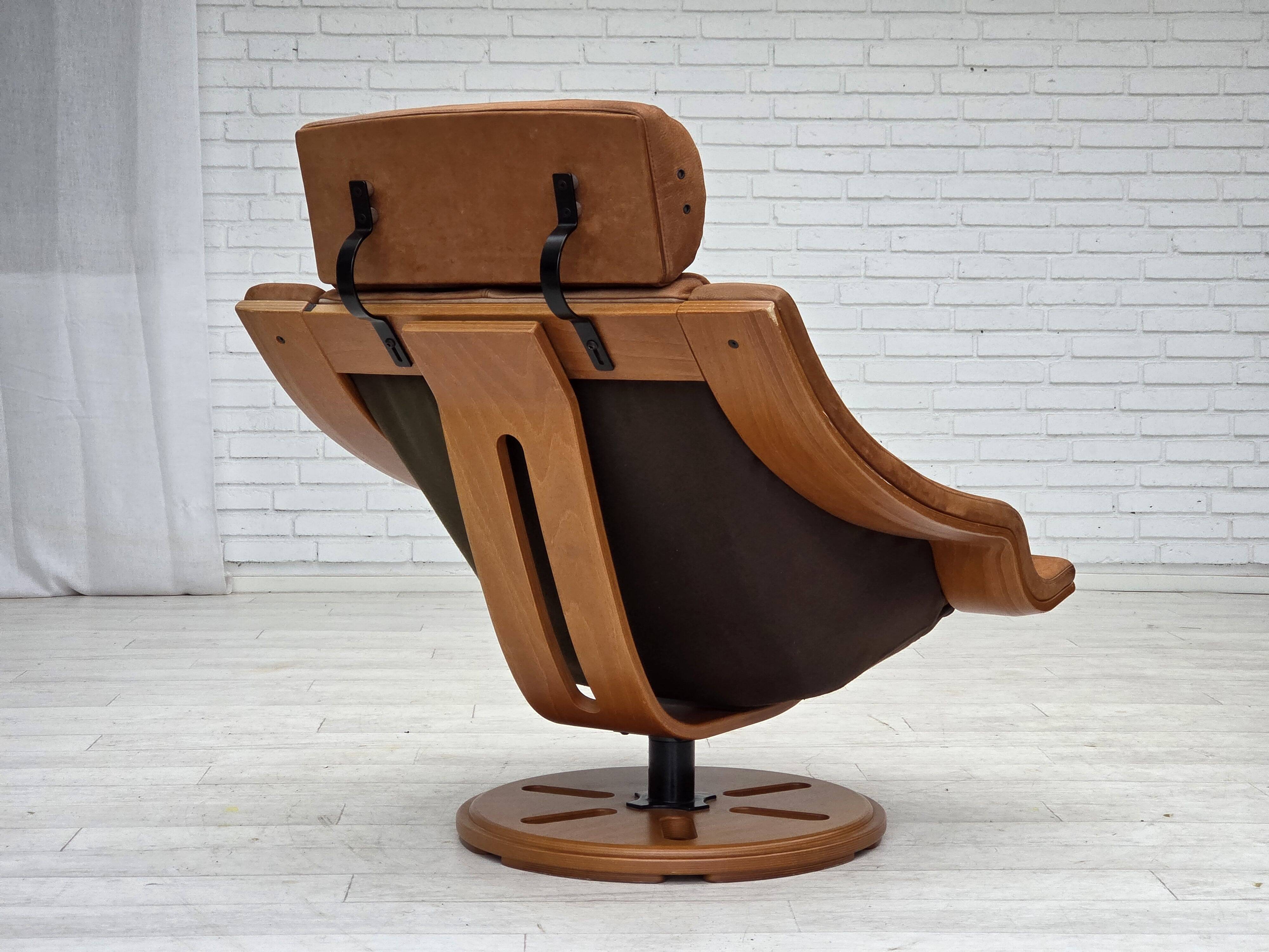 1980s, Swedish swivel armchair, nubuck leather, canvas, bent beech wood.