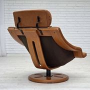 1980s, Swedish swivel armchair, nubuck leather, canvas, bent beech wood.