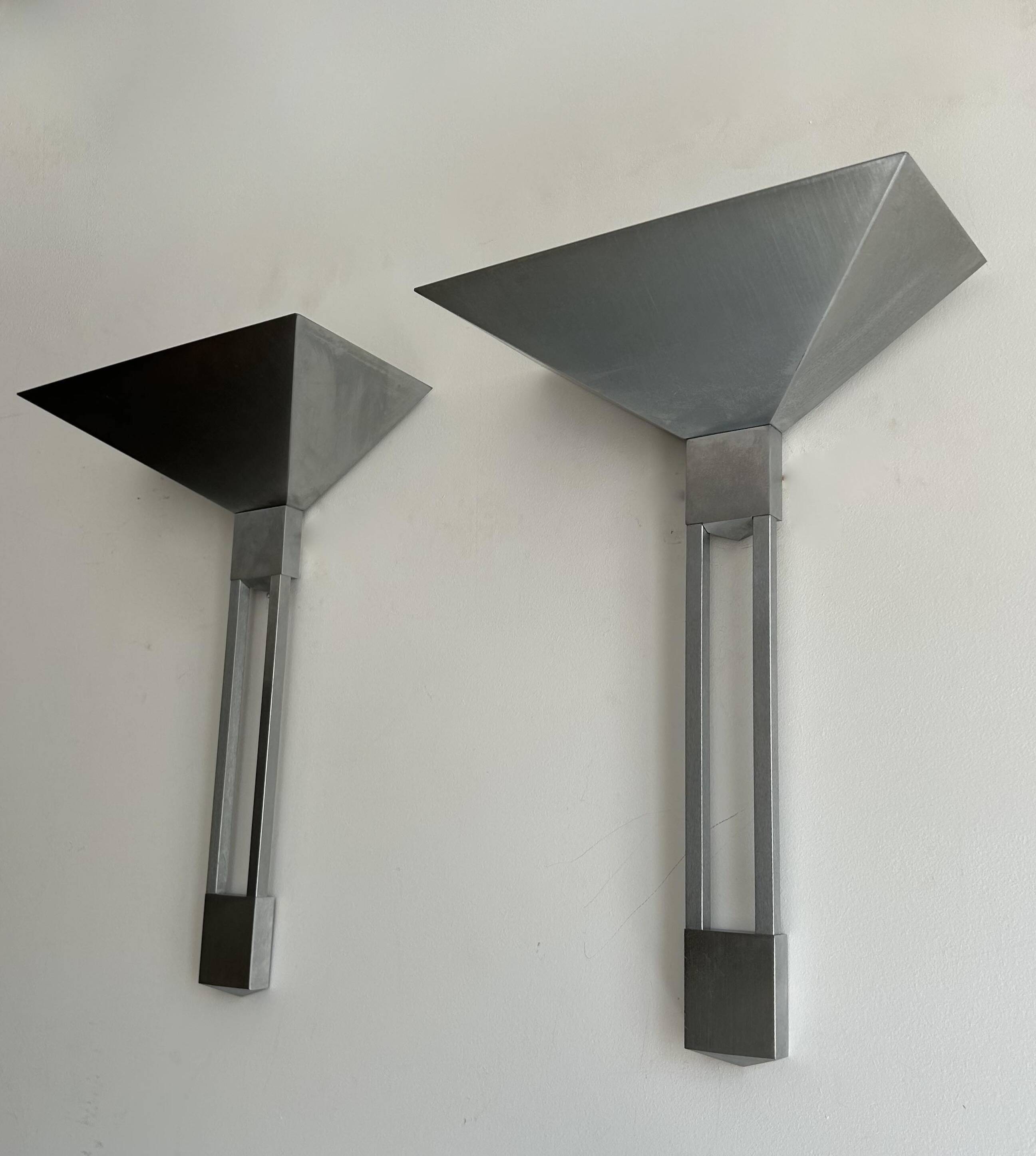 Pair of vintage geometric Vereinigte Werksatten wall lights, solid aluminum, Germany 1970s