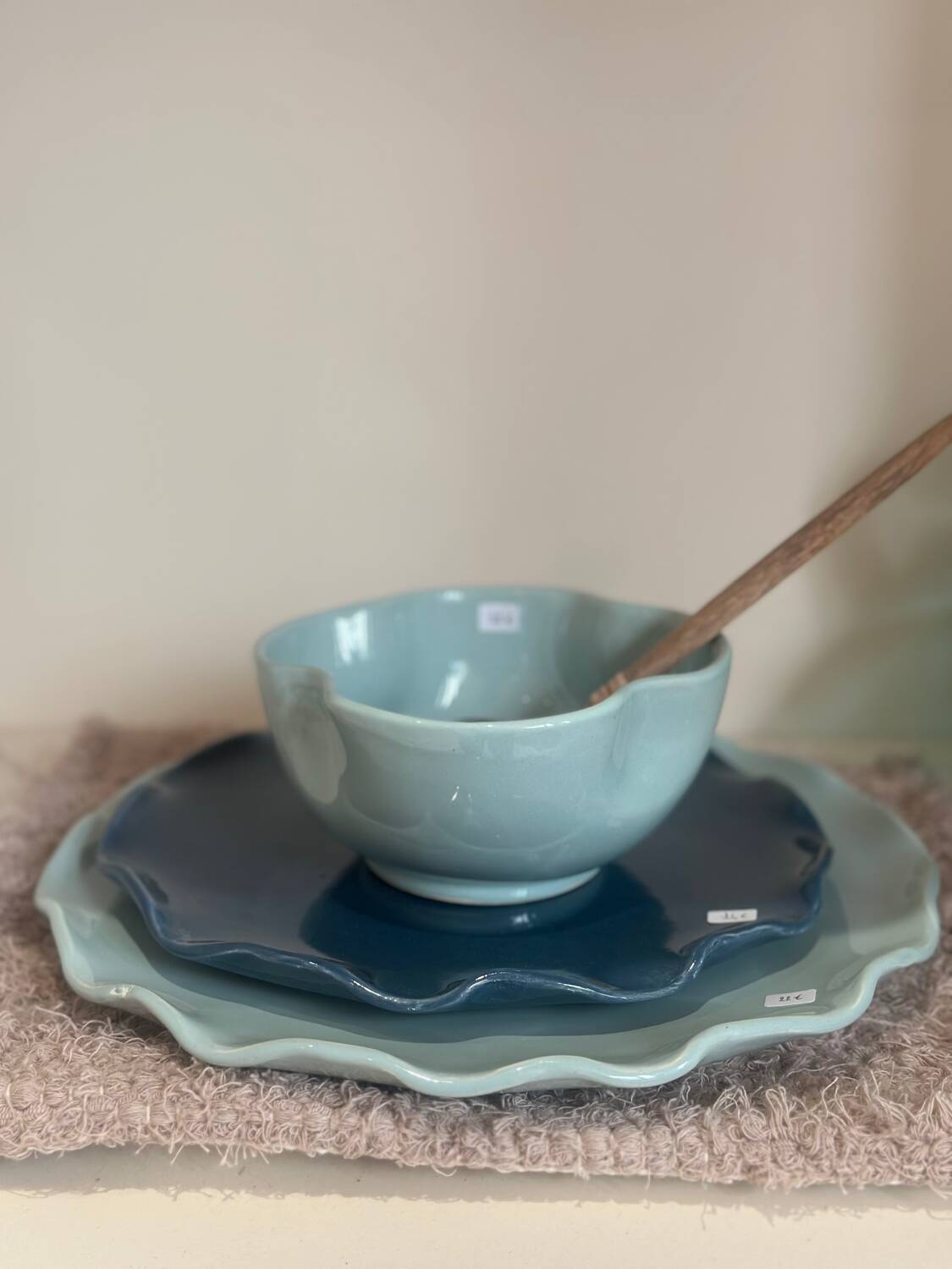 Handmade glazed ceramic bowl with sky blue pop clover flower