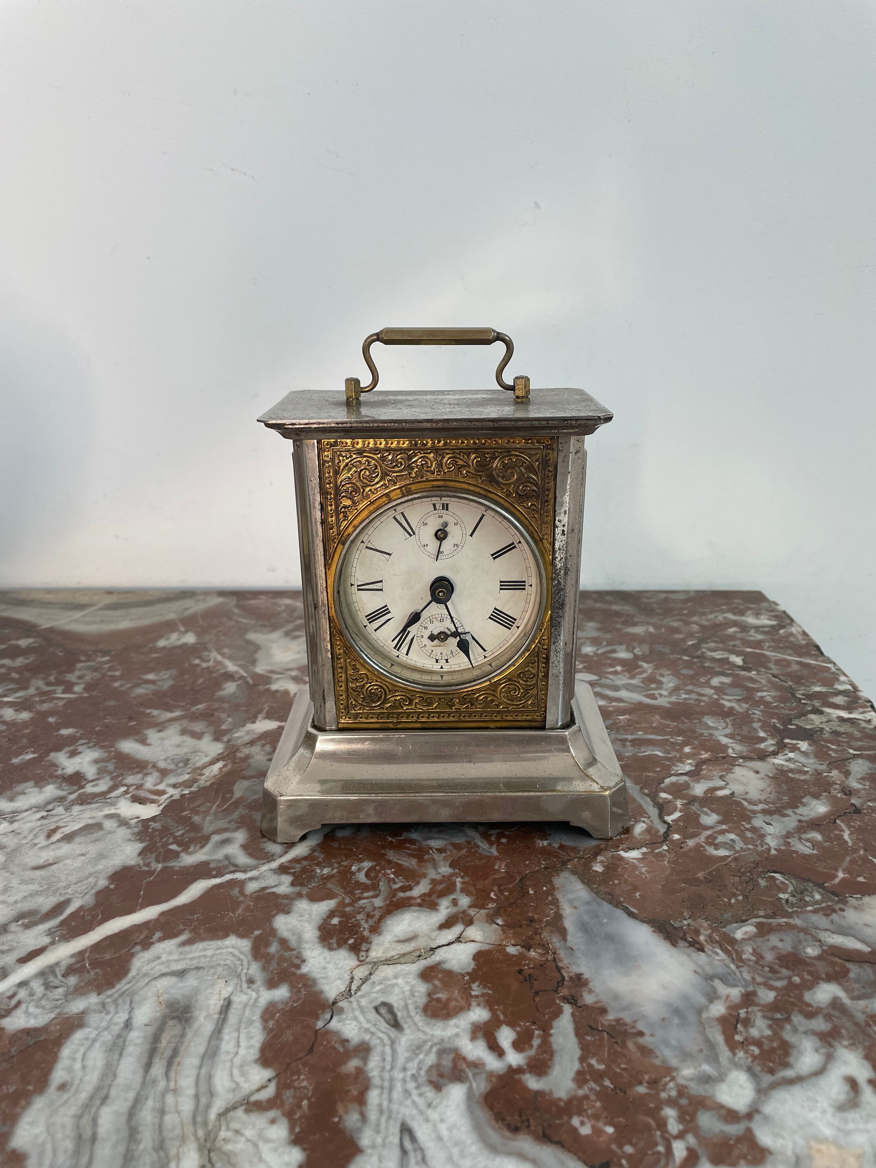 Horloge, pendule d'officier, laiton, pendule voyage, réveil, cadran, vitres latérales, restaurée