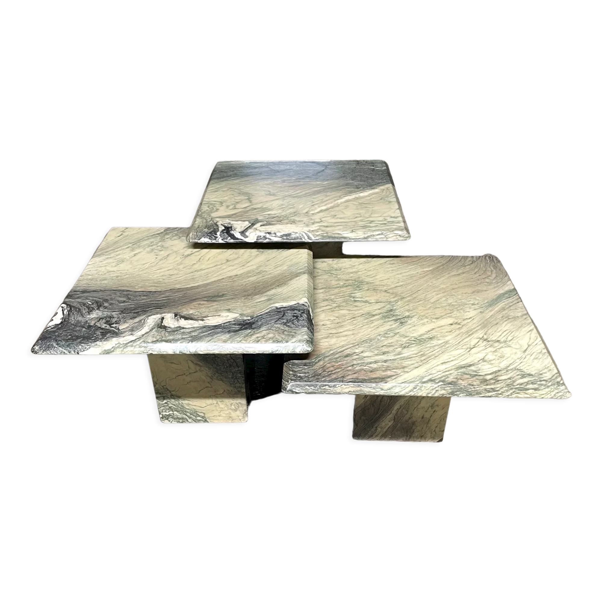 Series of three nesting tables in green marble, 1970