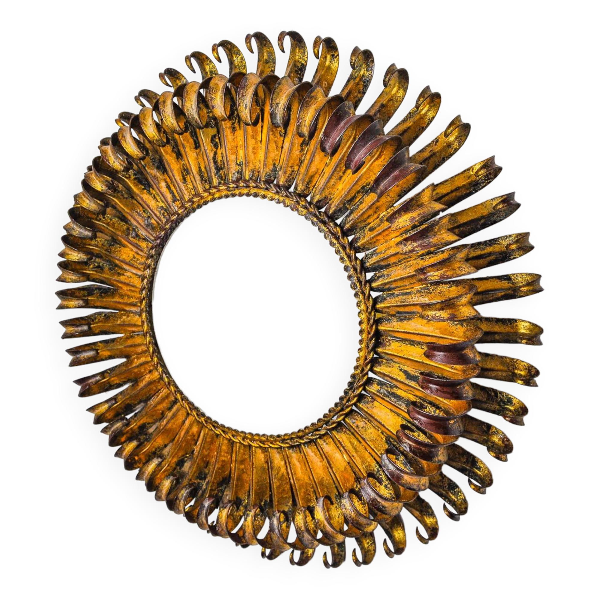 Sun wall lamp by ferro arte, metal and gold leaf, Spain, 1960