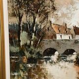 Oil on canvas cottages at the water's edge by Claude Mourier 1980