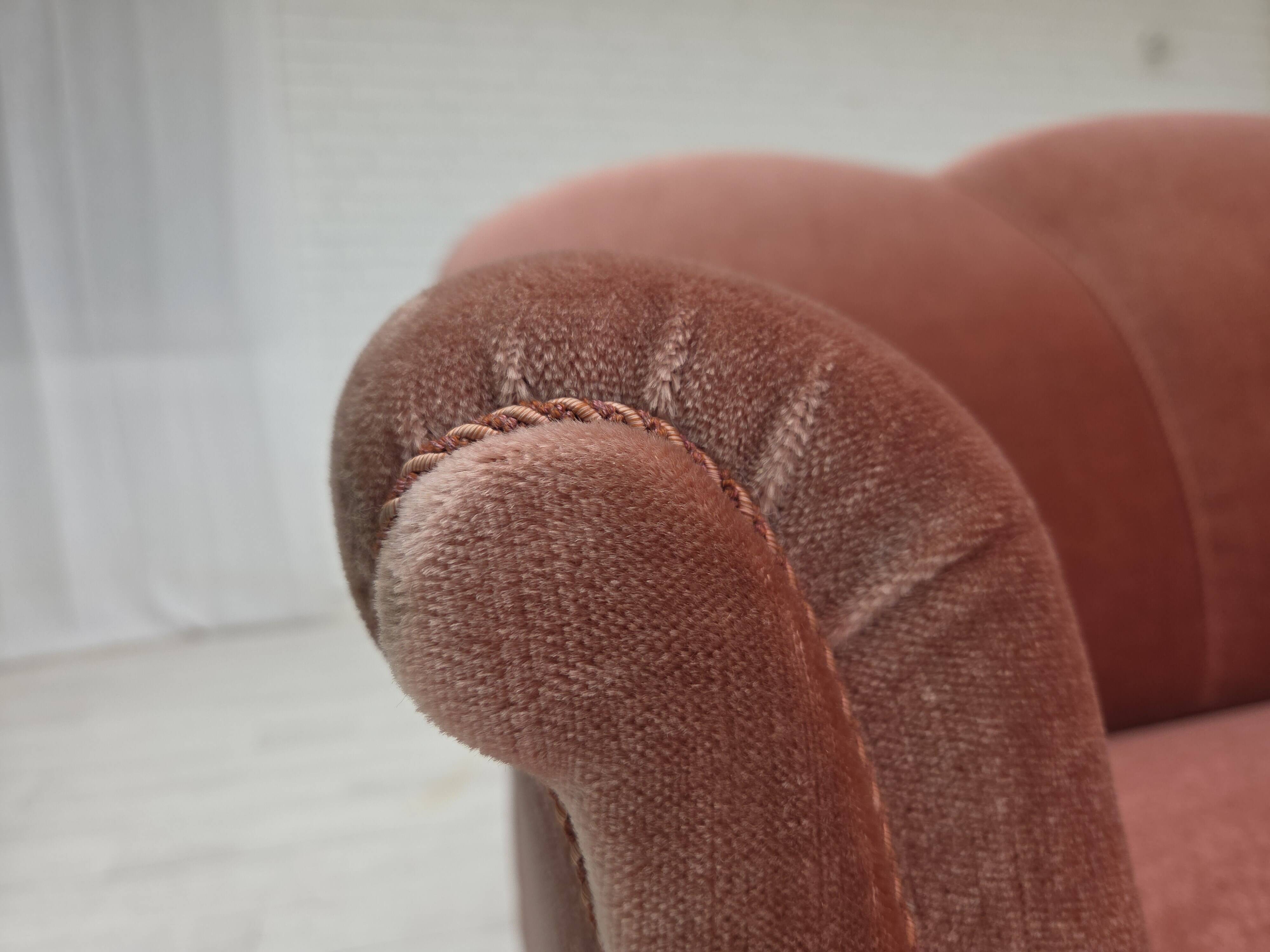 1950s, Danish 2-seater sofa, salmon pink furniture velour, oak wood legs.