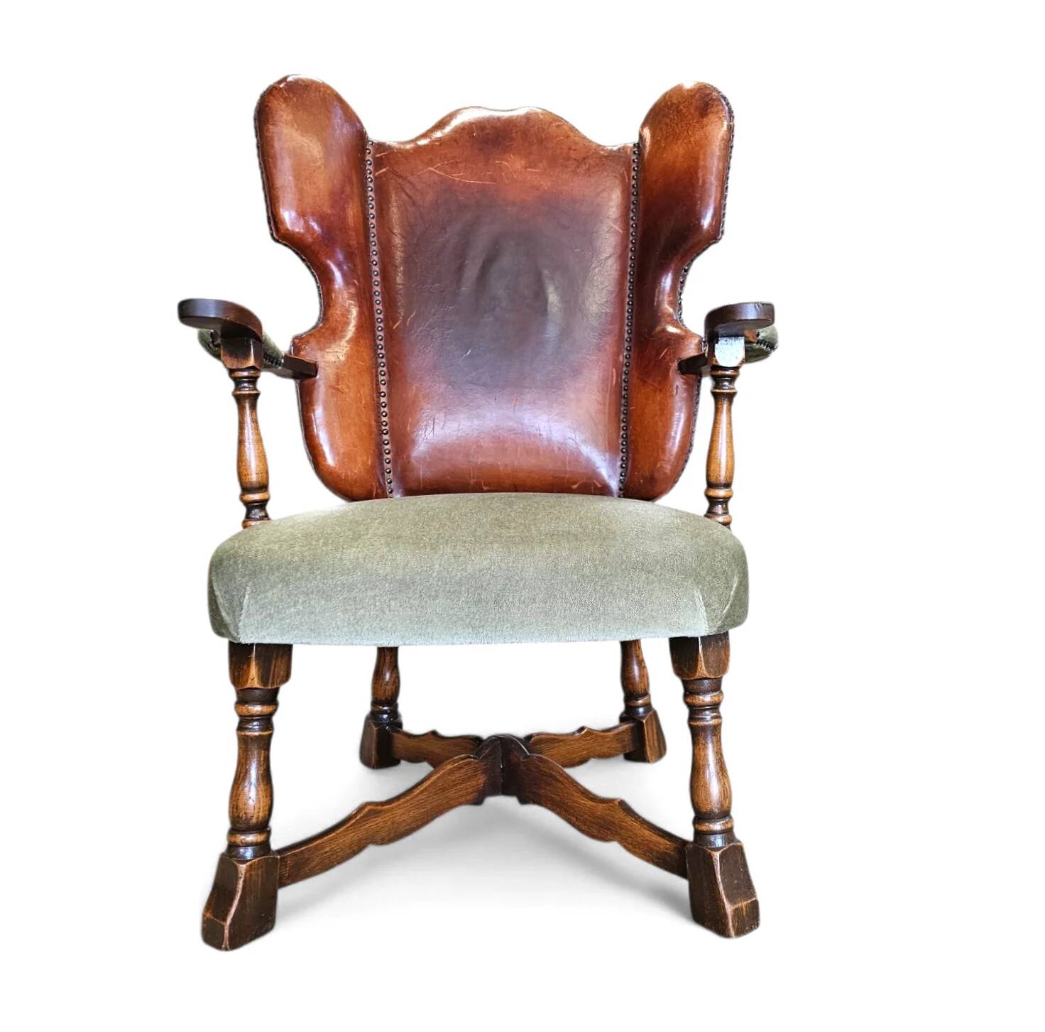 Rare leather and oak wing chair designed by Theo Ruth for Artifort / f 297 from 1949