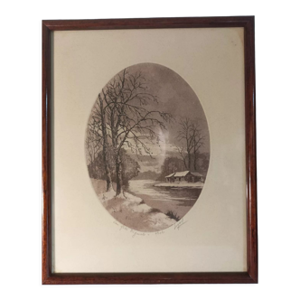 Tableau eau forte originale, l'hiver, signé Legay, XX ème