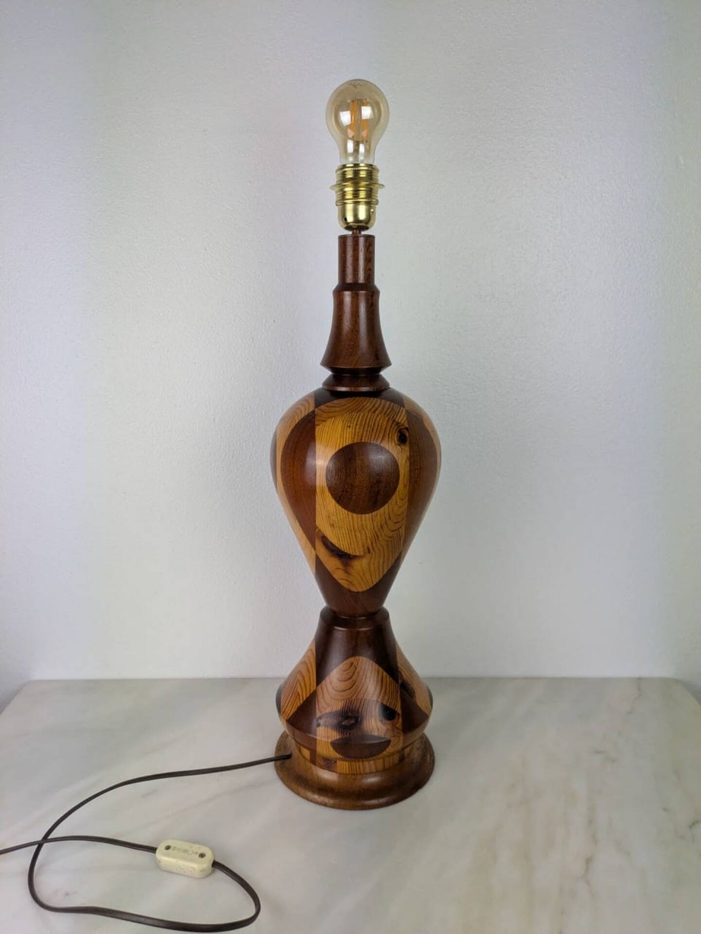 Vintage Marquetry Wooden Table Lamp (1970s) - 57 cm