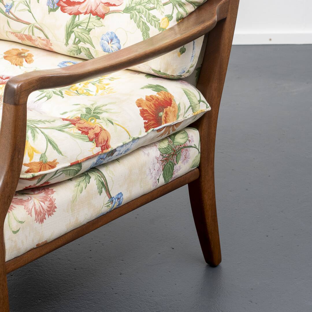 Restored 1960s armchair, floral pattern, two available.